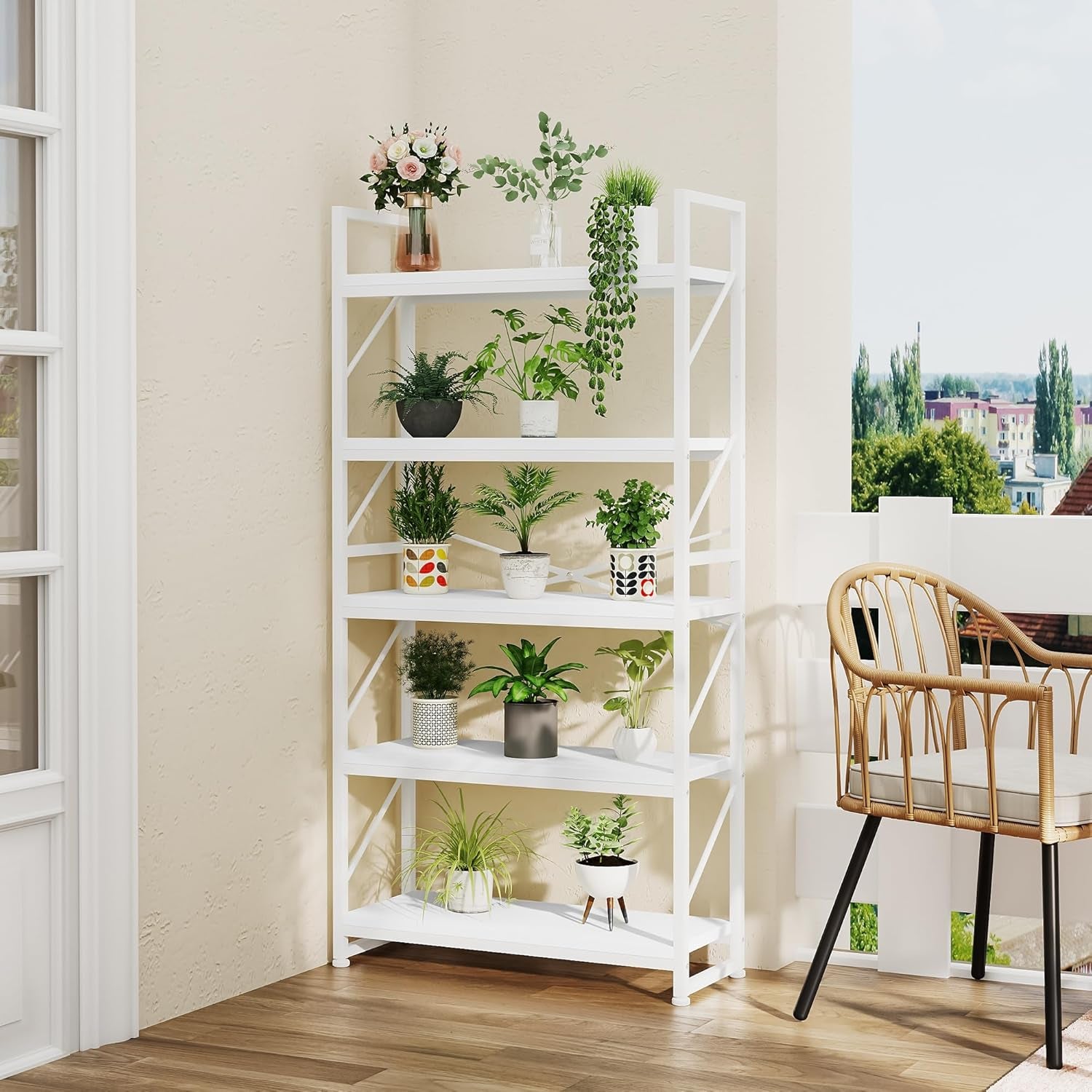 YITAHOME Bücherregal Mit 5 Ebenen - Industrielles Holzregal Mit Metallrahmen, Großes Freistehendes Regal, Präsentationsregal Für Wohnzimmer, Heimbüro - Reinweiß