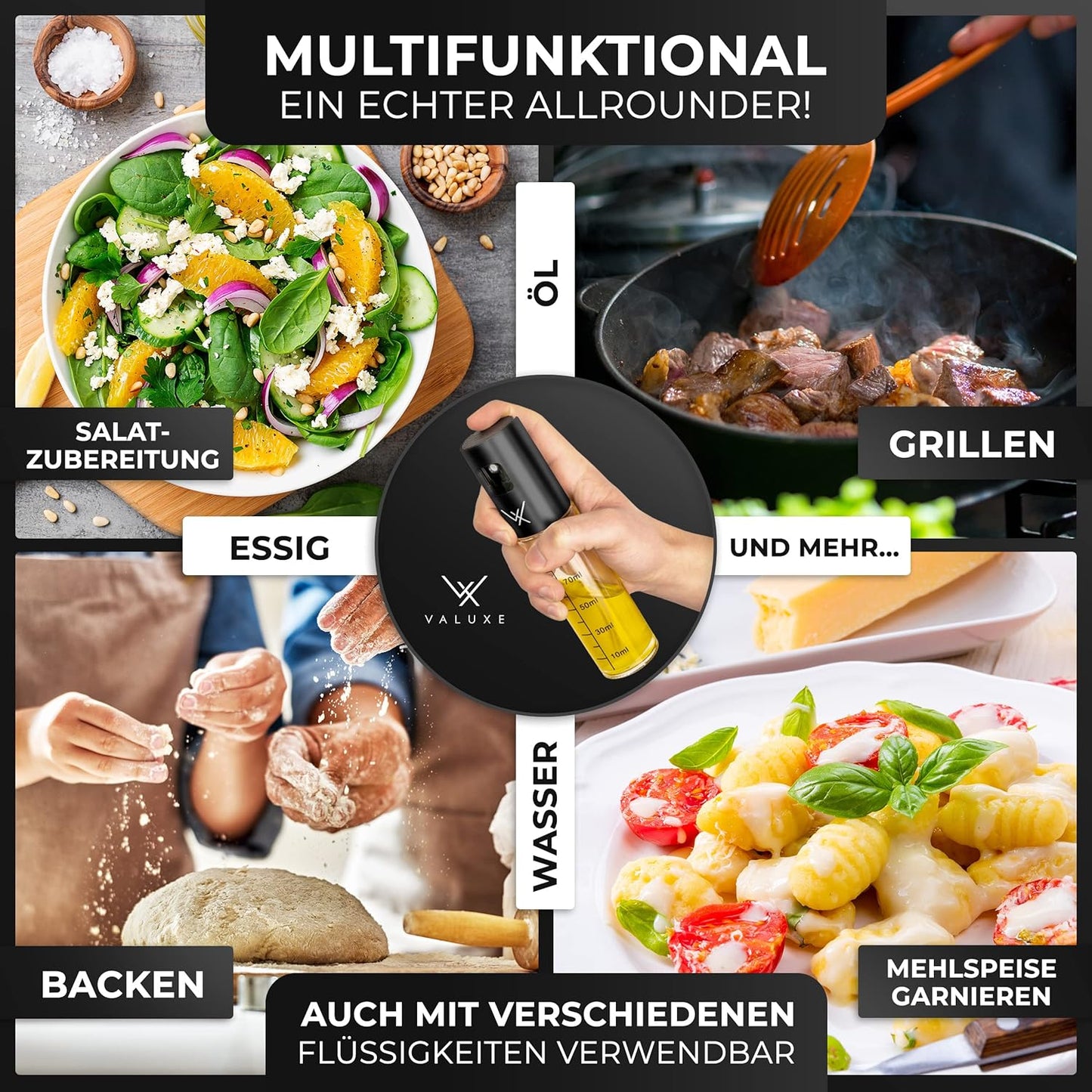 VALUXE® Ölsprüher - Das ORIGINAL - Extrem Präzise Öl-Sprühflasche Aus Edelstahl Und Glas - Multifunktionaler Premium Öl-Spray - Coole Küchen Gadgets Für Speiseöl - Oil Spray Zum Kochen