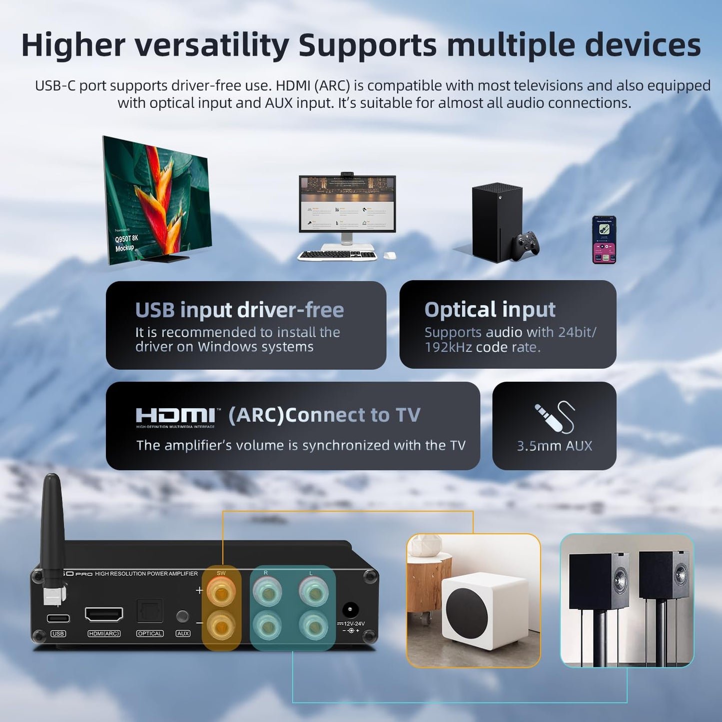 S.M.S.L A50 PRO Hifi-Leistungsverstärker, Hoch-/Tiefpassfilter 2.1-Kanal, Infineon'S MA12070P Chip, Bluetooth 5.0/USB/HDMI/AUX Eingang Passiver Subwoofer Mit Regelbarer Lautstärke (A50 PRO)