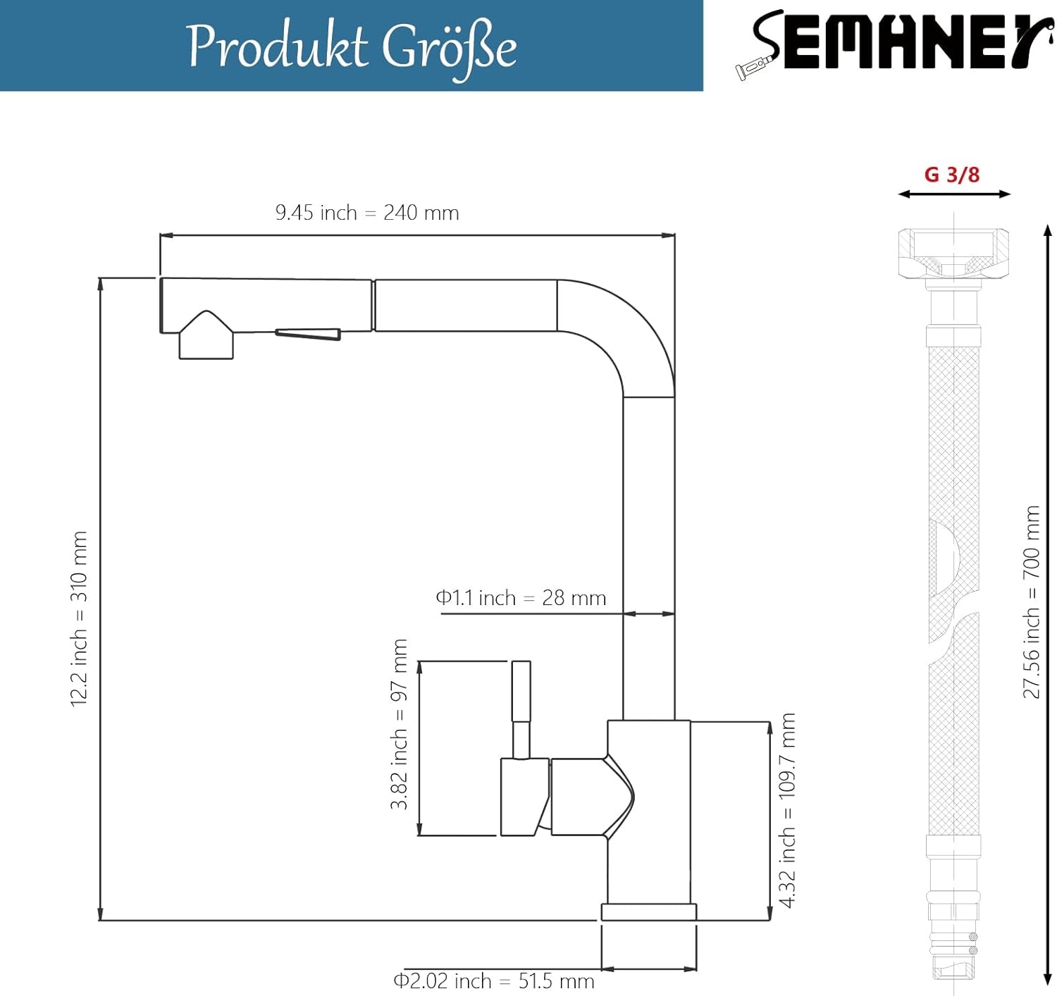 Hochdruck Wasserhahn Küche Ausziehbar, SEMANEY 2 Modi Küchenarmatur Mit Brause Ausziehbar, 360° Schwenkbar Spültischarmatur Mischbatterie Küche, L Form Einhebelmischer Armatur Küche, Gebürstet