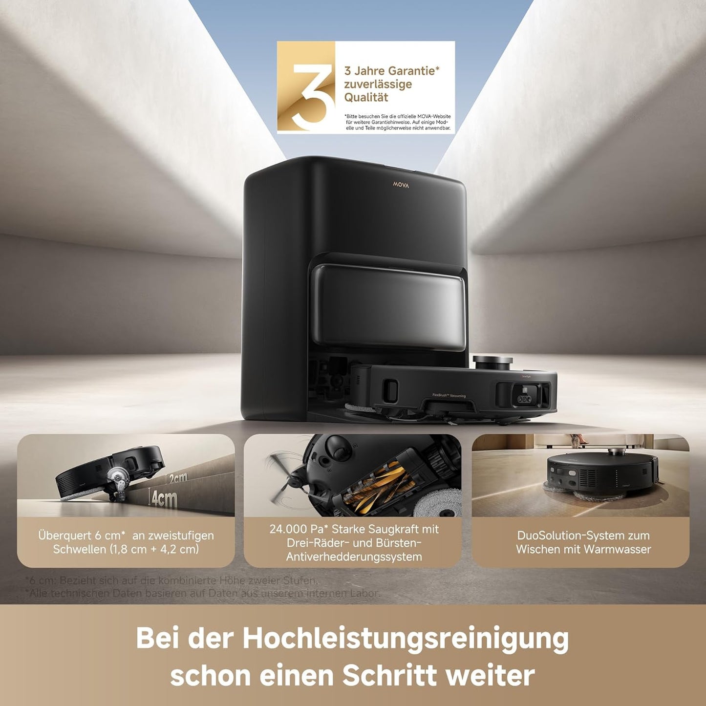 Mova V50 Ultra Complete Saugroboter Mit Wischfunktion 24.000 Pa, 6Cm Hindernisüberwindung, Liftable Navigation+Rgb AI+LED, 80℃ Heißwasserwäsche & 63℃ Selbsttrocknung, Duosolution System, Tricut Bürste