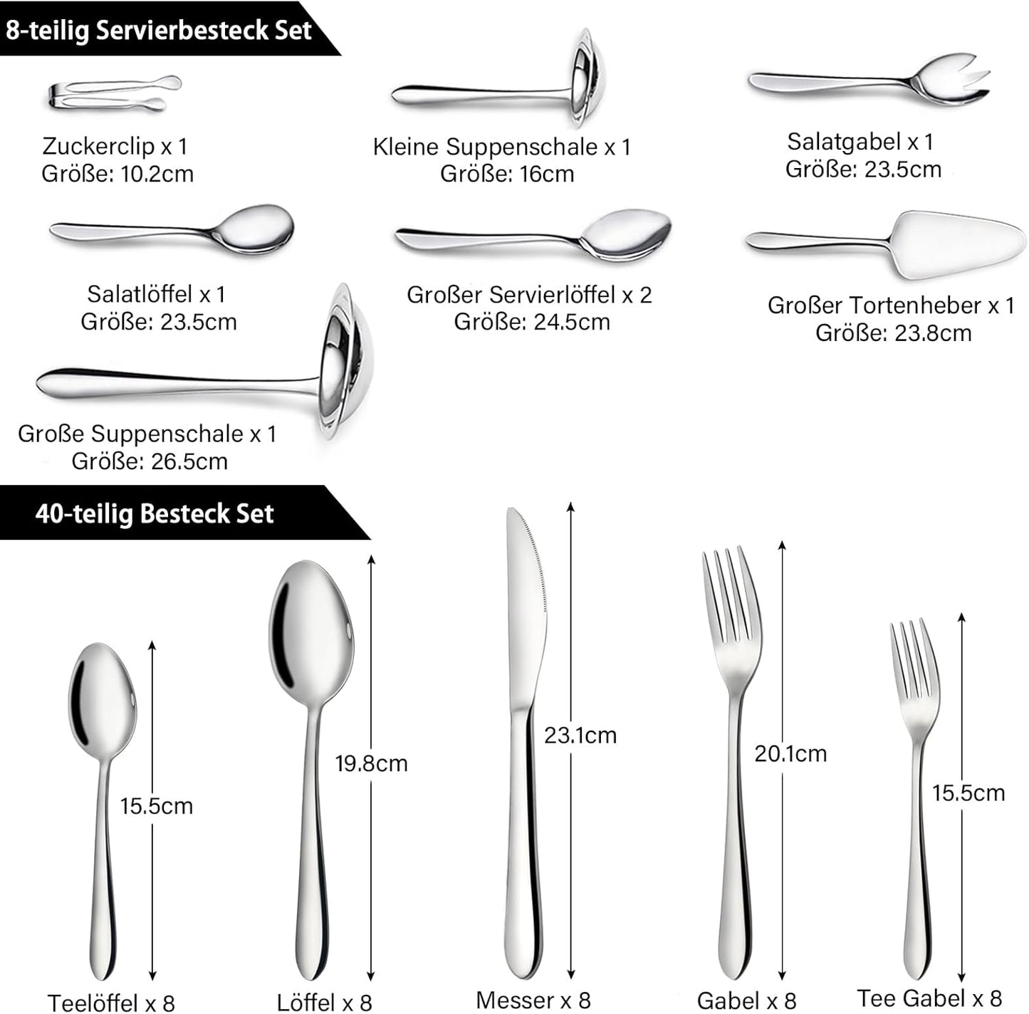 48-Teiliges Besteckset, Edelstahl-Besteckset Für 8 Personen Mit Besteck-Servierset 10-Teilig Bestehend Aus Messer, Gabel, Löffel, Besteck-Serviergerät, Polierter Edelstahl, Glänzend, Spülma
