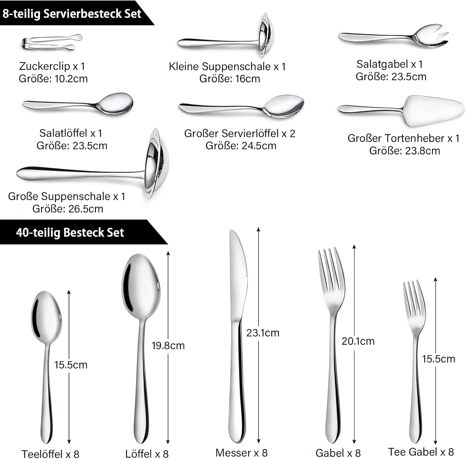 48-Teiliges Besteckset, Edelstahl-Besteckset Für 8 Personen Mit Besteck-Servierset 10-Teilig Bestehend Aus Messer, Gabel, Löffel, Besteck-Serviergerät, Polierter Edelstahl, Glänzend, Spülma