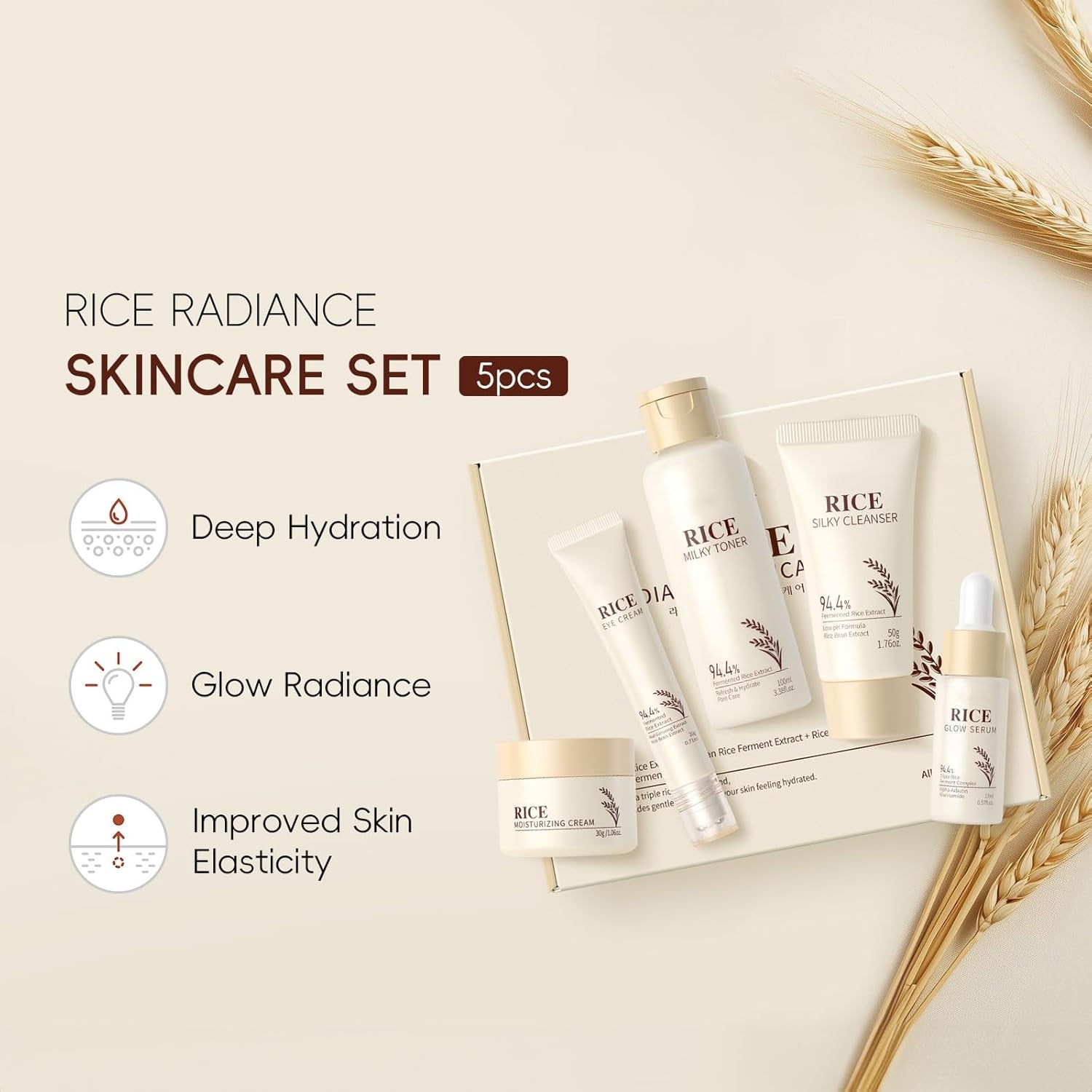 Rice Skincare Set 5-Teiliges Koreanisches Hautpflegeset Für Strahlende Haut - Glatte Gesichtspflegesets Mit Reiniger, Reiswasser, Serum, Augencreme, Gesichtscreme, Geschenkset Für Frauen Mädchen