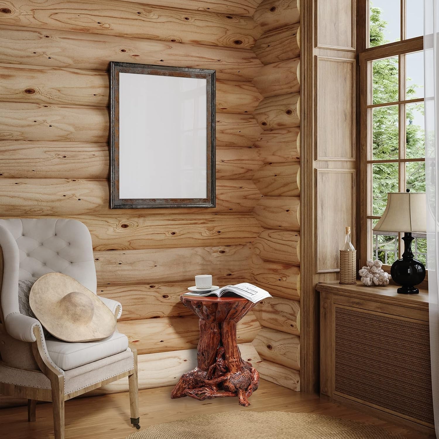 Beistelltisch Mit Azalee Und Baumstumpf, Rustikaler Beistelltisch Aus Holz Mit Wurzelholz,Reclaimed Primitive Baumstamm-Eck-Akzent-Tisch,Runder Natürlicher Couchtisch,Blockhütte Heimdekoration Möbel