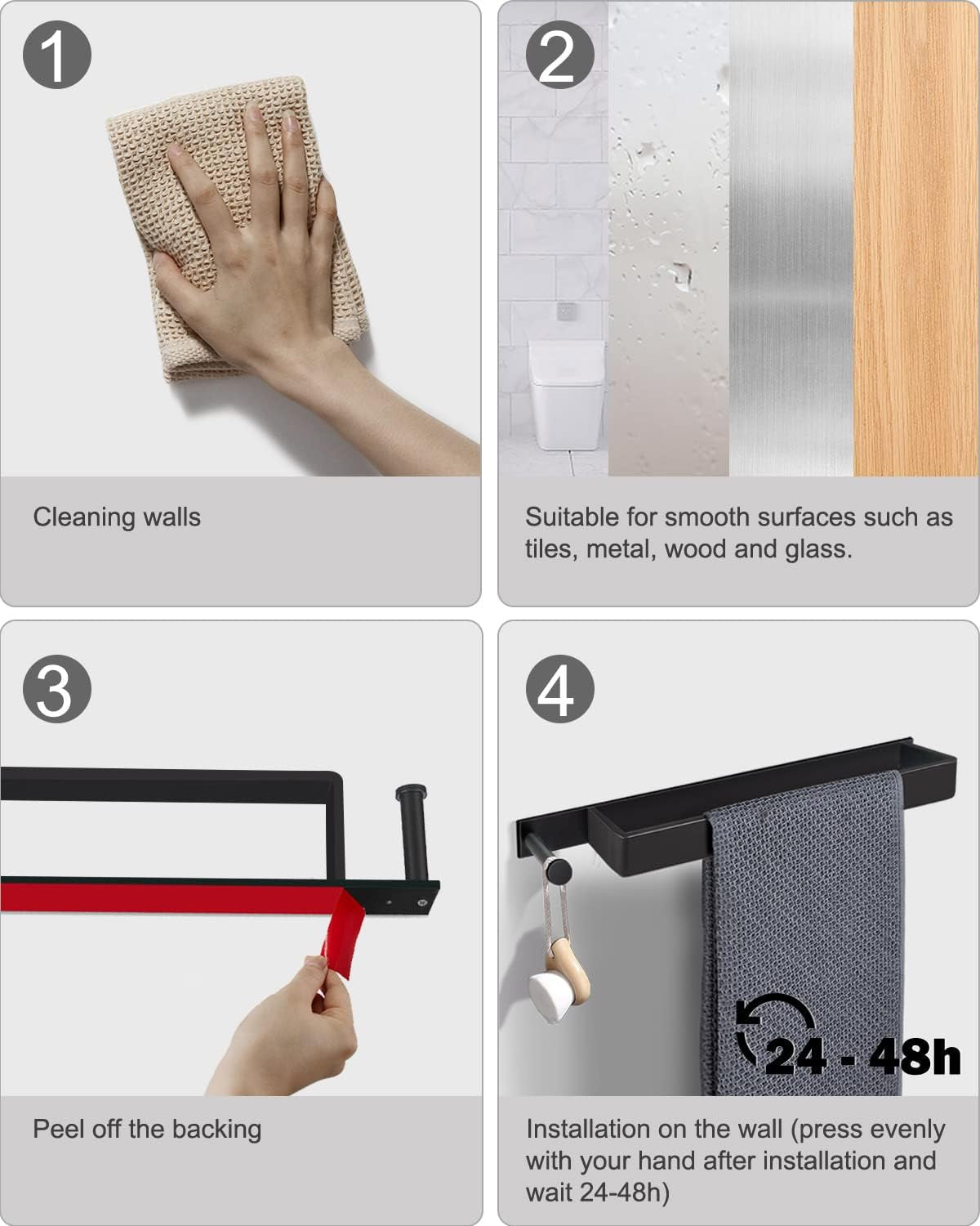 LIVEHITOP 2PCS Handtuchhalter Ohne Bohren, Selbstklebend Handtuchstange Schwarz Edelstahl 43.5CM Gästehandtuchhalter Badetuchhalter Kleber Mit Haken Für Badezimmer