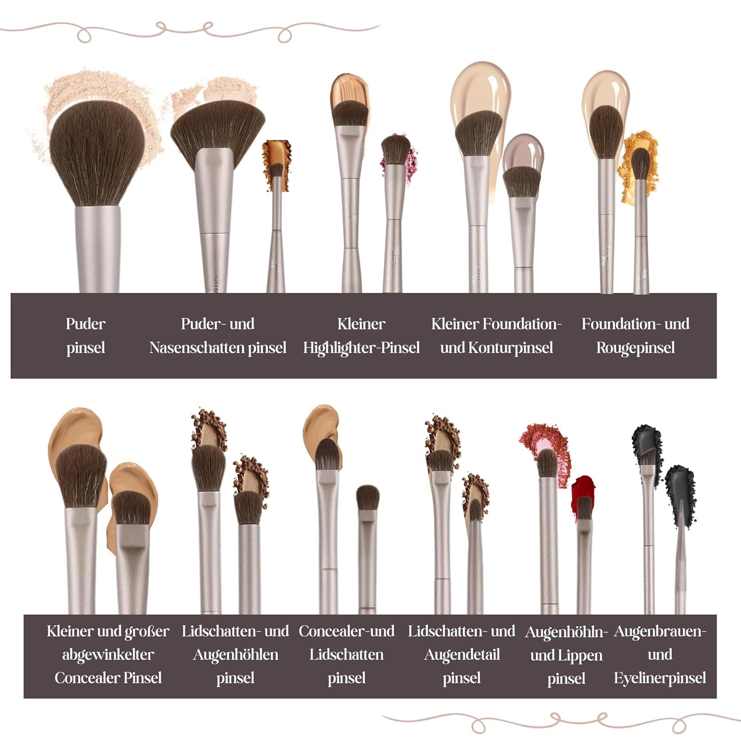 Doppelseitiges Make up Pinsel Set 11-Teilig – Schminkpinsel Für Foundation, Puder, Concealer, Highlighter, Contour, Lidschatten & Rouge – Synthetische Borsten