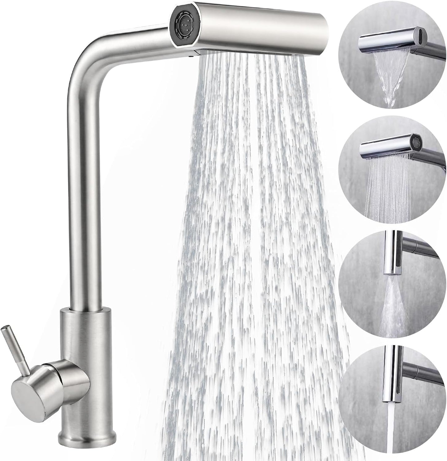 Wasserhahn Küche Ausziehbar, Hochdruck Küchenarmatur 360° Drehbar, Mischbatterie Spültischarmatur Mit Brause 4 Modus, Herausziehbarer Armatur Küche (Edelstahl)