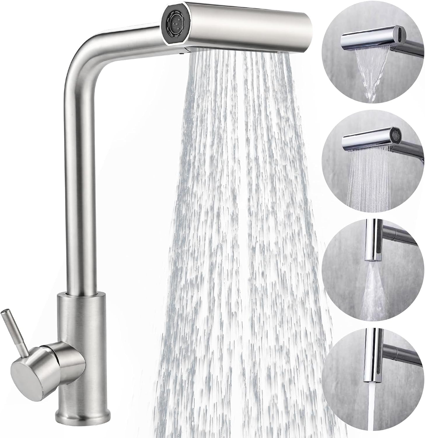 Wasserhahn Küche Ausziehbar, Hochdruck Küchenarmatur 360° Drehbar, Mischbatterie Spültischarmatur Mit Brause 4 Modus, Herausziehbarer Armatur Küche (Edelstahl)