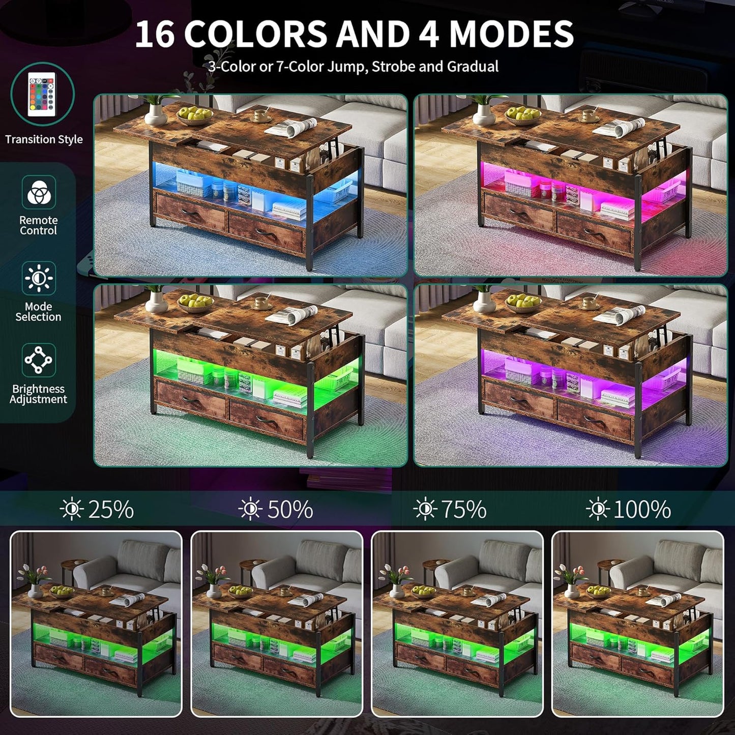 YITAHOME Couchtisch Höhenverstellbar, Wohnzimmertisch Mit Verstecktem Ablagefach Für Für Wohnzimmer, Büro, Couchtisch Mit Stauraum Und 2 Schublade Und Led-Lichtleiste 106 X50X51,5Cm