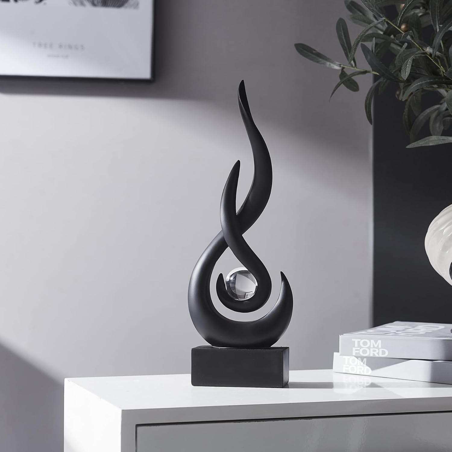Schwarz Dekor Moderne Flamme Skulptur Dekorationen Für Wohnzimmer, Harz Regal Dekor Akzente, Abstrakte Kunst Skulptur Für Esszimmer Büro Couchtisch Mittelstück Bücherregal Dekor