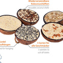 Dobar® 10X Gefüllte Kokosnuss Vogelfutter Zum Aufhängen - 5 Sorten Vogelfutter Für Die Ganzjahresfütterung - Fettfutter-Füllungen Für Wildvögel - Wildvogelfutter 2 Kg (1Er Pack)