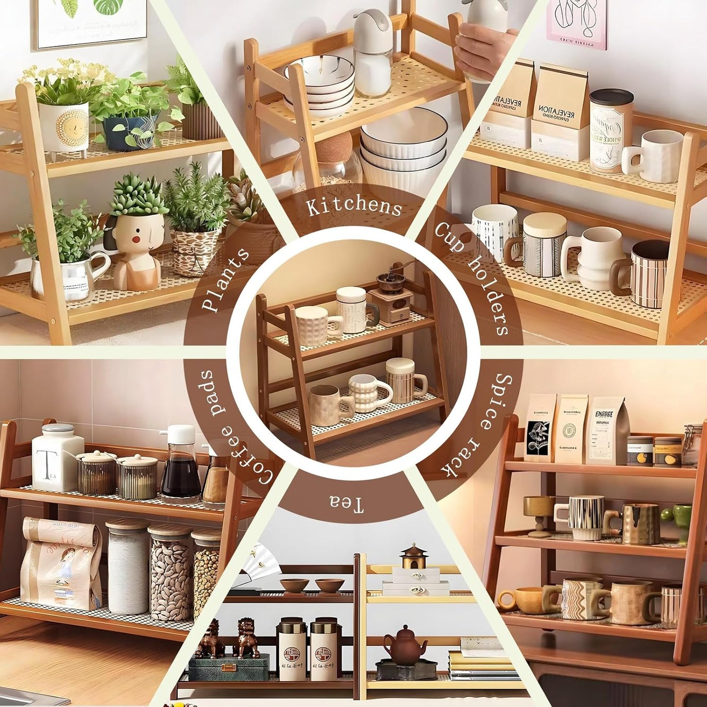 Küchen Organizer 3 Tiers Bambus Nachahmung Rattanweberei Deko Küche,Gewürzregal Stehend Küche Aufbewahrung & Organisation Kaffeepads Aufbewahrung, Tee, Tassenhalter (Braun 40 * 18 * 39)