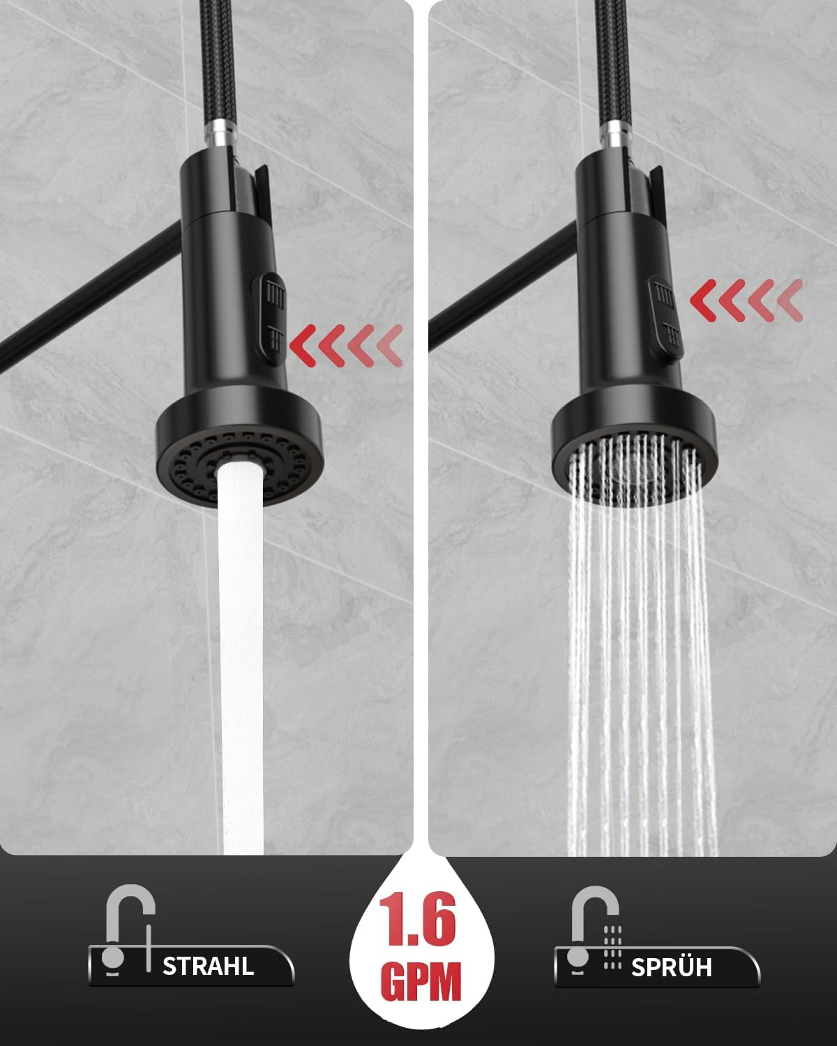 Rainsworth Wasserhahn Küche Schwarz Edelstahl - Zwei Wasserstrahlarten Hochdruck Herausziehbare Küchenarmatur Mit Brause Ausziehbar, Spültischarmatur 360° Drehung Geeignet Für Küchen