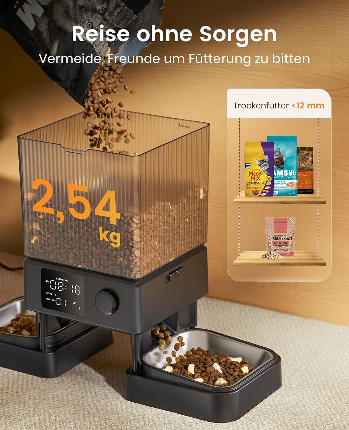 Oneisall 5L Futterautomat Katze 2 Näpfe, Katzenfutter Automat Mit Einem Knopf, Einfache Bedienung, Futterspender Für Katzen/Hunde, Mit Edelstahlschüssel, Voice Recorder, Für Kleine/Mittlere Haustiere