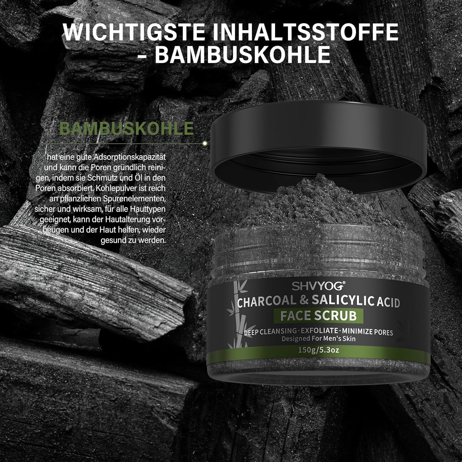 Charcoal Salicylic Acid Face Scrub for Men, Gesichtspeeling Für Männer, Reduziert Mitesser, Akne, Verstopfte Poren, Ölkontrolle, Rasurvorbereitung Für Männer, Mit Gesichtsreinigungsbürste