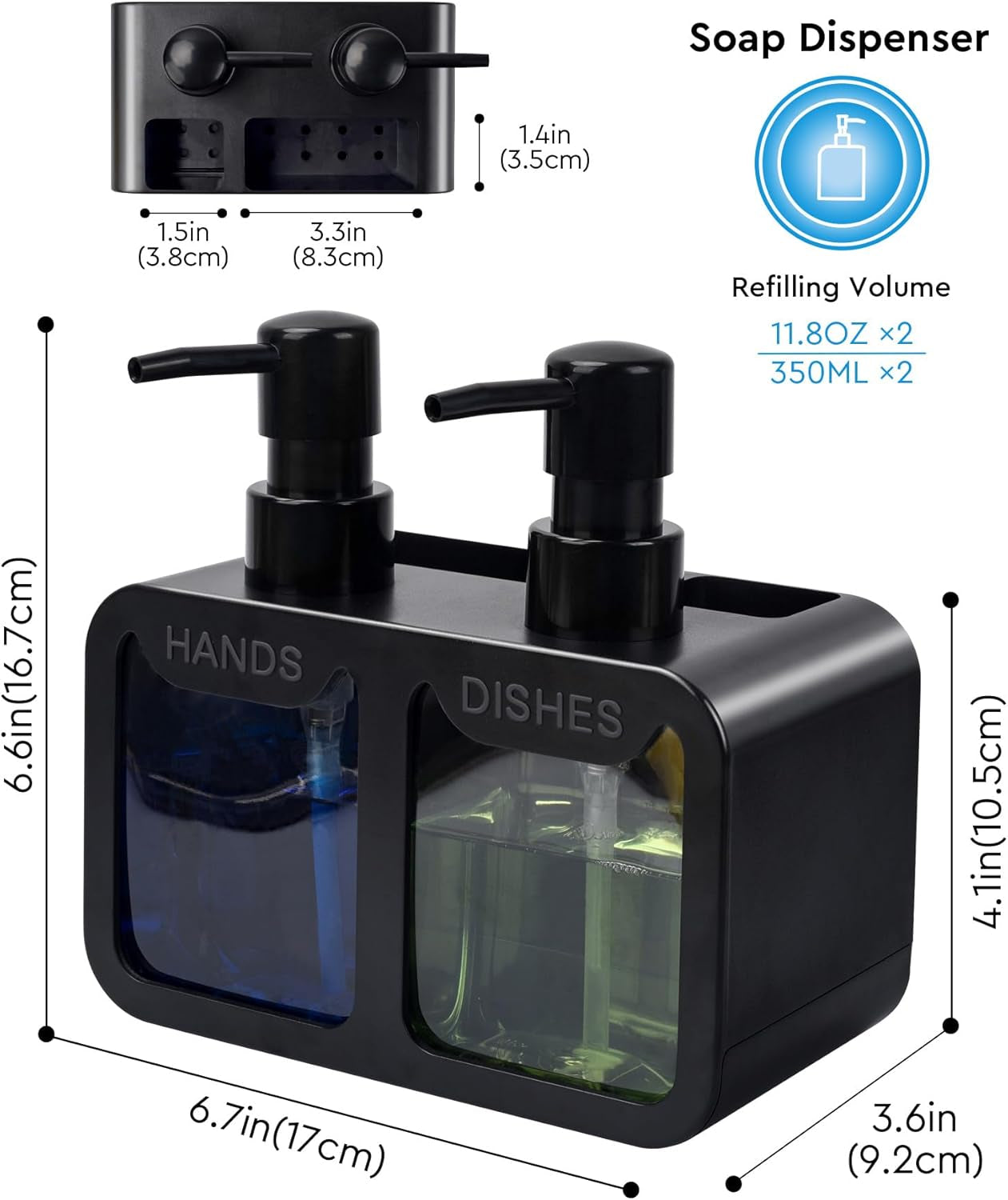 Küchenhandseifen- Und Spülseifenspender-Set, Doppelseifenspender Mit Schwammablage Und Bürstenhalter, 4-In-1-Organizer Für Küchenspüle, Arbeitsplatte, Nützliche Küchenhelfer, Schwarz
