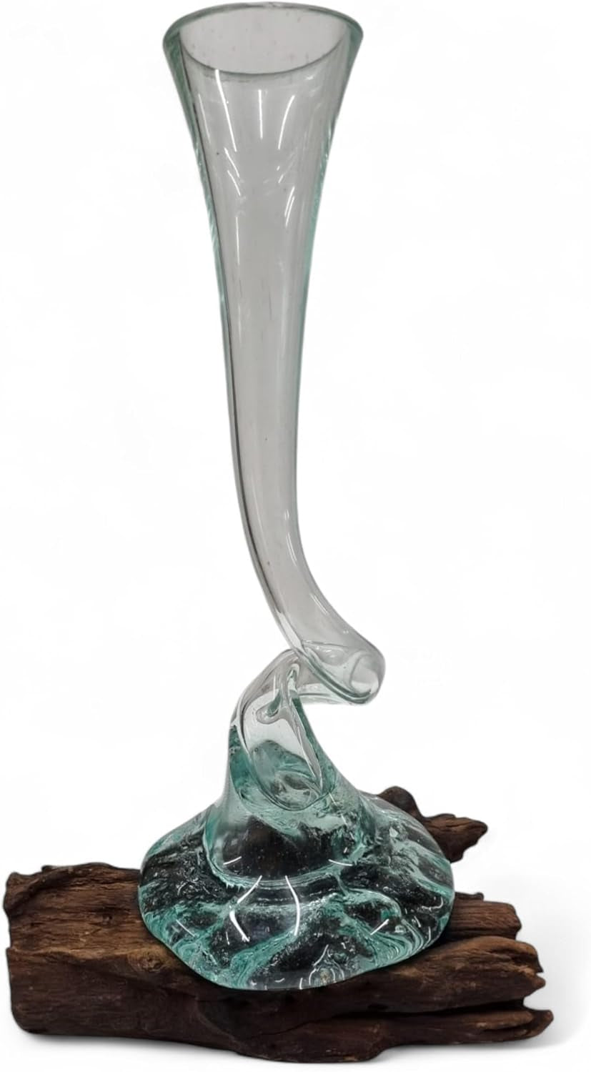 Handgefertigte Vase Aus Geschmolzenem Glas Auf Holz – Recyclingglas Auf Wurzelholz, Nachhaltige Deko Aus Bali, Ca. 30-40 Cm Hoch