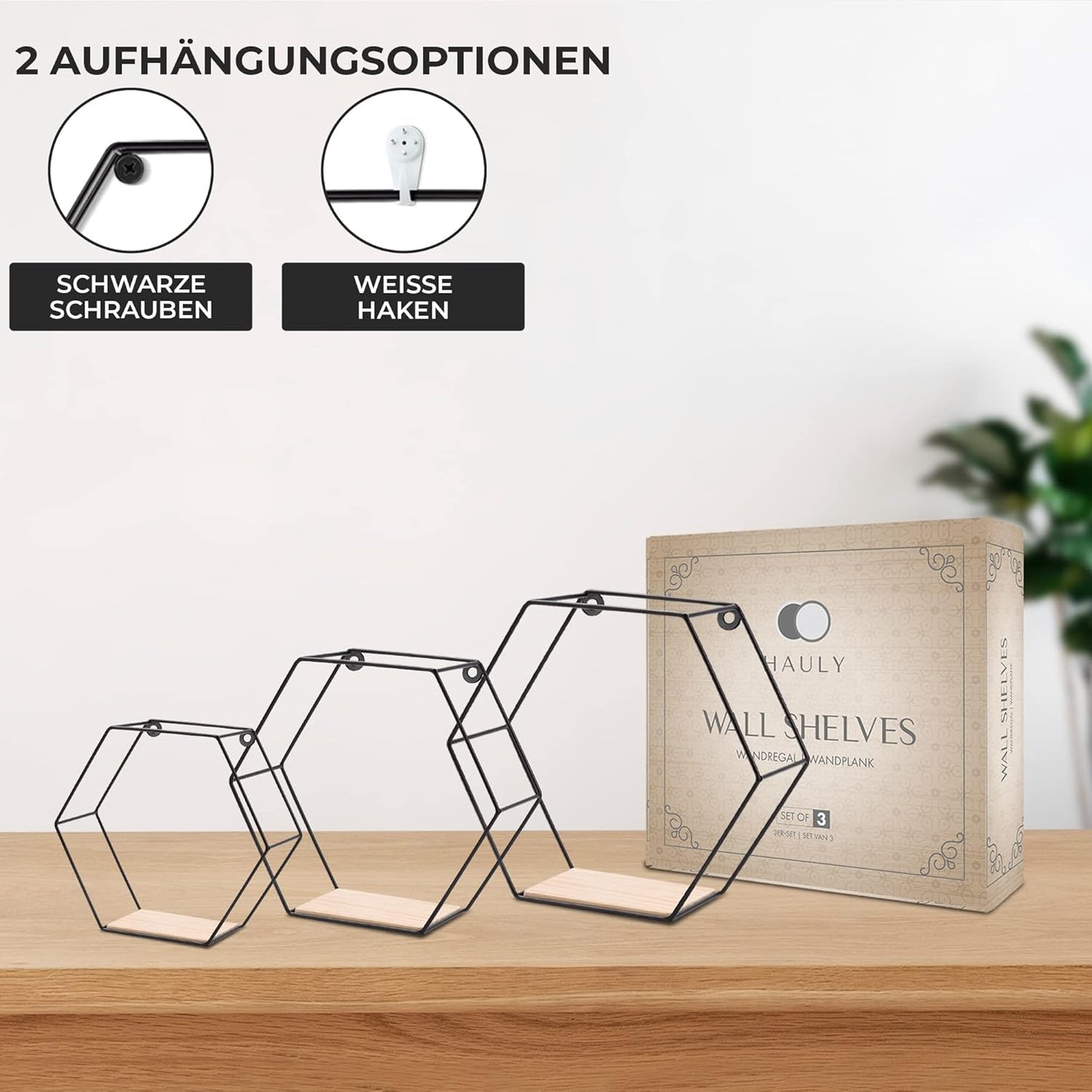 3Er Hexagon Wandregal Set, Schwarze Metall Schweberegale Mit Holzablage, Modernes Wabenregal Für Wohnzimmer, Schlafzimmer, Küche & Büro, Stabiles Stahlrahmen Regal Mit Schrauben & Montagezubehör