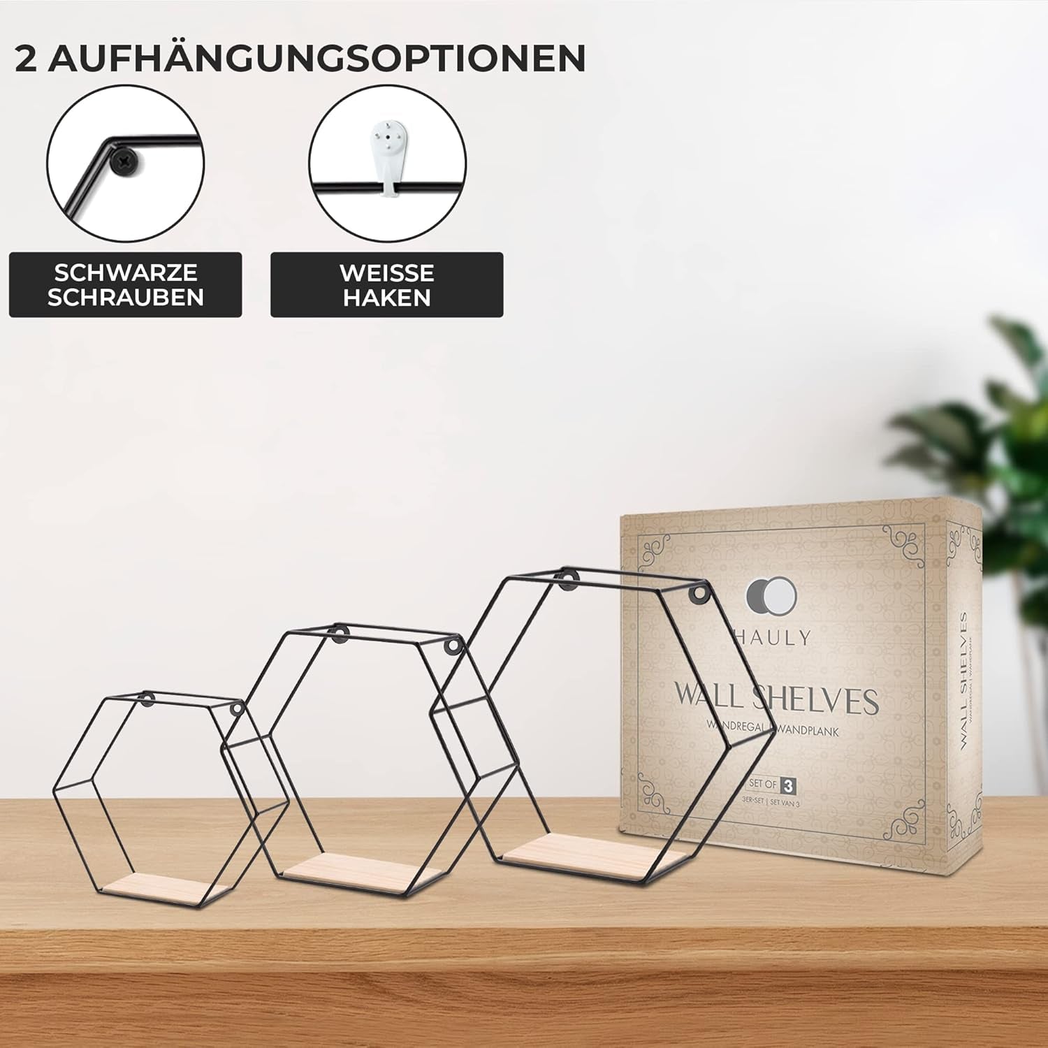 3Er Hexagon Wandregal Set, Schwarze Metall Schweberegale Mit Holzablage, Modernes Wabenregal Für Wohnzimmer, Schlafzimmer, Küche & Büro, Stabiles Stahlrahmen Regal Mit Schrauben & Montagezubehör
