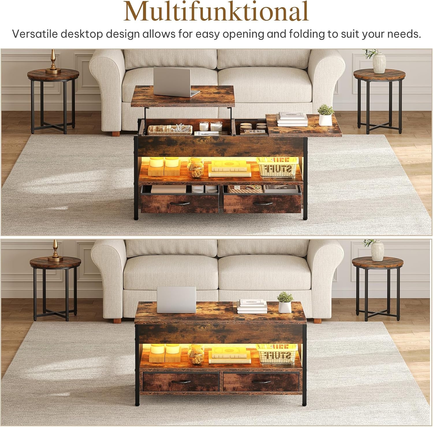 YITAHOME Couchtisch Höhenverstellbar, Wohnzimmertisch Mit Verstecktem Ablagefach Für Für Wohnzimmer, Büro, Couchtisch Mit Stauraum Und 2 Schublade Und Led-Lichtleiste 106 X50X51,5Cm