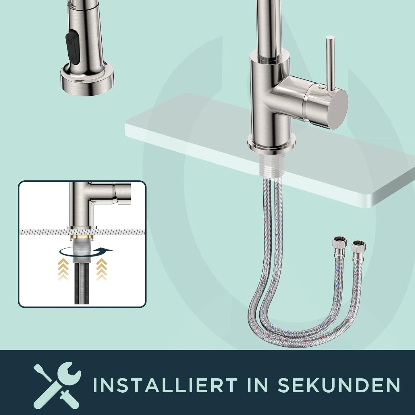 FORIOUS Wasserhahn Küche, Hoher Bogen Hochdruck Küchenarmatur Mit Herunterziehen Brause Armatur, Mischbatterie Spültischarmatur Küchenarmaturen, 360° Schwenkbar Zwei Sprühfunktionen, Edelstahl