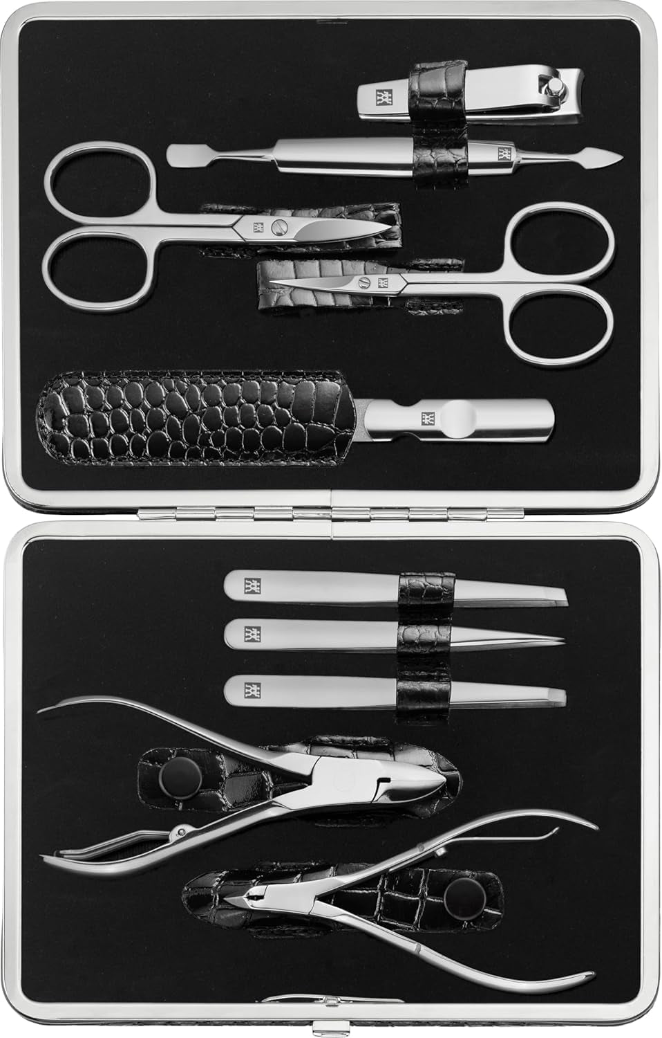 ZWILLING Maniküre-Set (10 Teilig, Komplettset Für Finger- Und Fußnägel, Echtleder Etui Mit Metallrahmen), Edelstahl Poliert, Kroko Edition, Schwarz