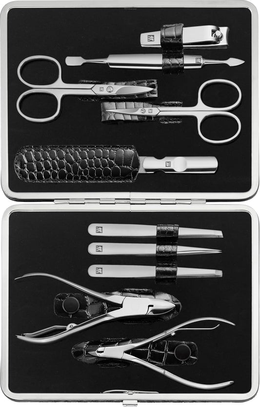 ZWILLING Maniküre-Set (10 Teilig, Komplettset Für Finger- Und Fußnägel, Echtleder Etui Mit Metallrahmen), Edelstahl Poliert, Kroko Edition, Schwarz