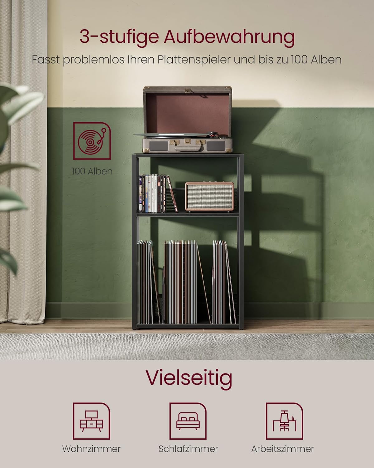 VASAGLE Plattenspieler-Ständer, 3 Etagen, Beistelltisch, Aufbewahrung Von Schallplatten, Bis Zu 100 Alben, Tisch Für Wohnzimmer, Schlafzimmer, Ebenholzschwarz LET275B01