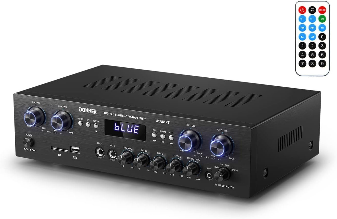 Audio Leistungsverstärker Bluetooth 5.0, Donner 440W Audio Verstärker 4 Kanal, Stereo Receiver Mit USB, SD, FM, 2 Mikrofoneingang Echo, RCA, LED, Für Studio, Heimkino, MAMP5