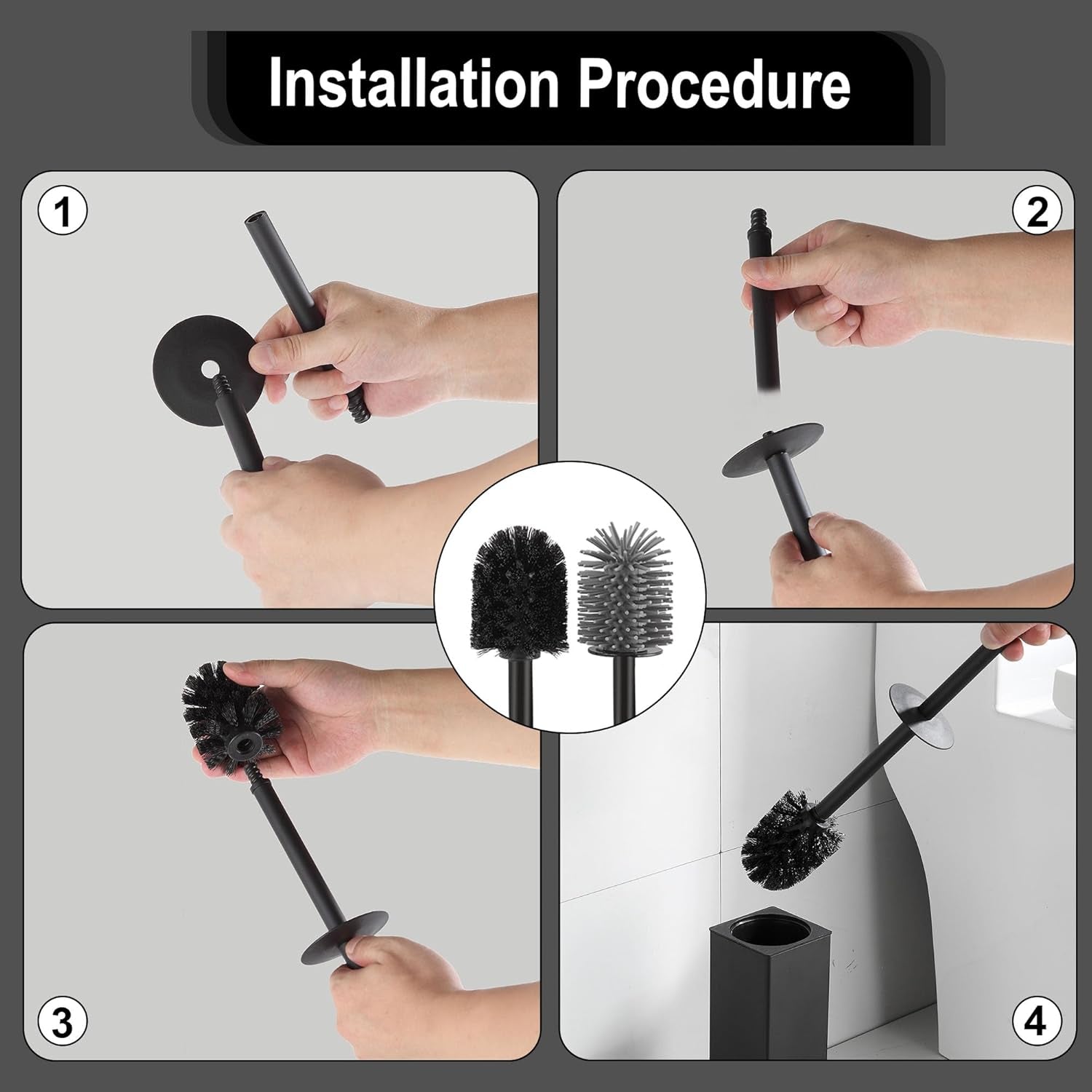 BVL WC Bürsten & Halter Schwarz, Metall Toilettenbürste Inklusive 2 Bürstenköpfe, Freistehende Quadratisch Silikon Toilettenbürste Für Das Badezimmer