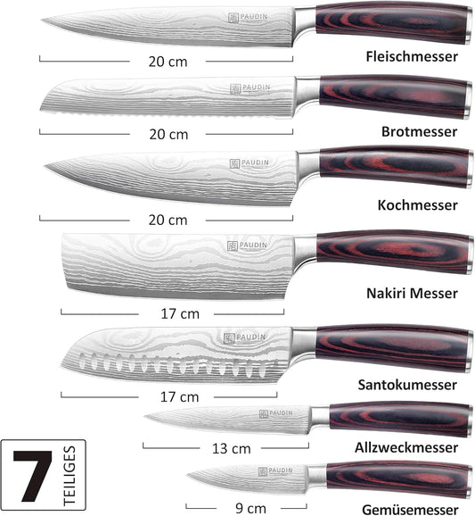 PAUDIN Messerset 7-Teilig, Küchenmesserset Aus Hochwertigem Edelstahl, Profi Kochmesser Mit Scharfer Klinge, Küchenmesser Mit Ergonomischem Holzgriff, Langlebiges Messer Set, Geschenkbox