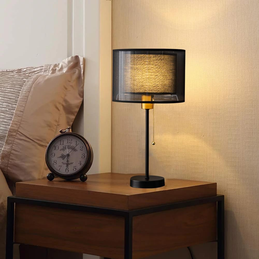 Tischlampe Moderne E27 Nachttisch Lampe,Vintage Tischleuchte Mit Stoff Lampenschirm Bürolampe,Leselampe,Deko Table Lampe Schreibtischlampe Retro Für Schlafzimmer,Wohnzimmer (Schwarz)