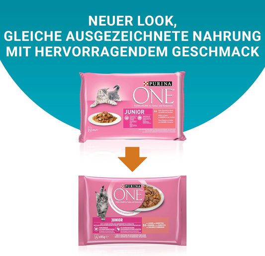 PURINA ONE Junior Katzenfutter Nass, Mit Lachs Und Karotten, 12Er Pack (12 X 4 Beutel À 85G)