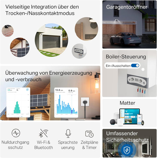 Tapo S110E WLAN Und Bluetooth Smart Relaisschalter, Dry/Wet Contact, 1 Kanal, 10A, Lichtschalter, Garagentoröffner, Energieerfassung, Kompatibel Mit Alexa, Matter, Kein Hub Erforderlich