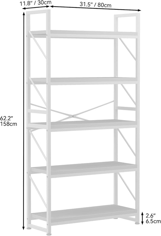 YITAHOME Bücherregal Mit 5 Ebenen - Industrielles Holzregal Mit Metallrahmen, Großes Freistehendes Regal, Präsentationsregal Für Wohnzimmer, Heimbüro - Reinweiß