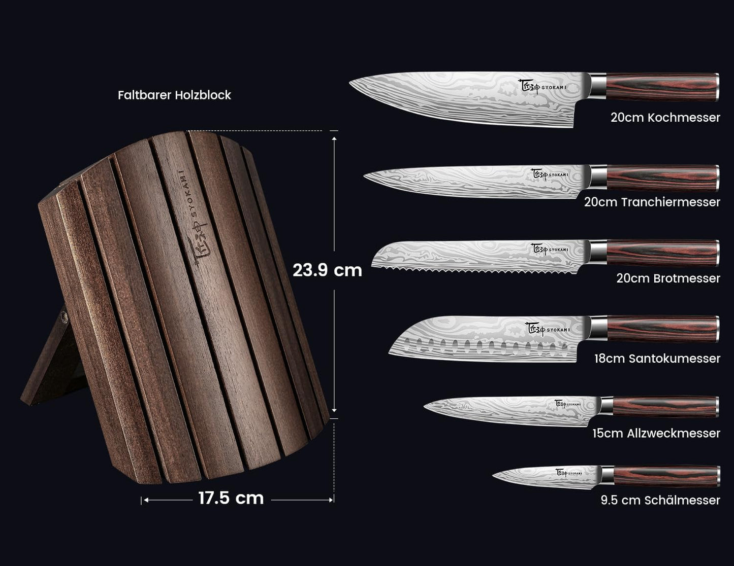Messerset 7-Teiliges Küchenmesser-Set Im Japanischen Stil Mit Faltbarem Magnetischem Akazienholzblock, Scharfer Karbonstahl Für Die Küche Mit Rutschfestem Ergonomischem Griff
