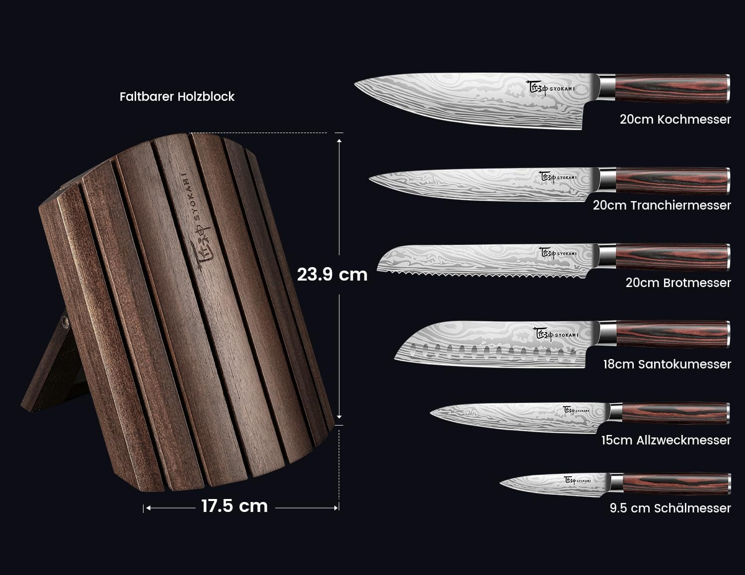 Messerset 7-Teiliges Küchenmesser-Set Im Japanischen Stil Mit Faltbarem Magnetischem Akazienholzblock, Scharfer Karbonstahl Für Die Küche Mit Rutschfestem Ergonomischem Griff