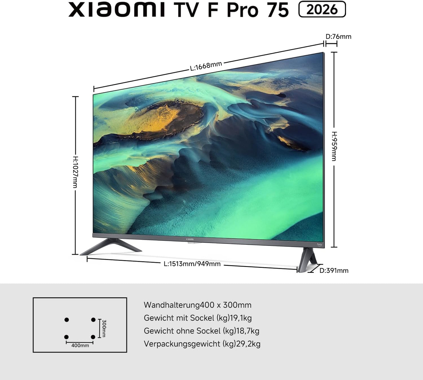 Xiaomi TV F Pro 75(190 Cm), 4K UHD QLED, Smart TV, Fire OS8, Triple Tuner DVB-C/S/S2/T/T2,HDR10+, 60Hz Mit 120Hz Game Boost Mode,Memc,Sprachsteuerung Mit Alexa,2Gb+32Gb,Kompatibel Mit Apple Airplay