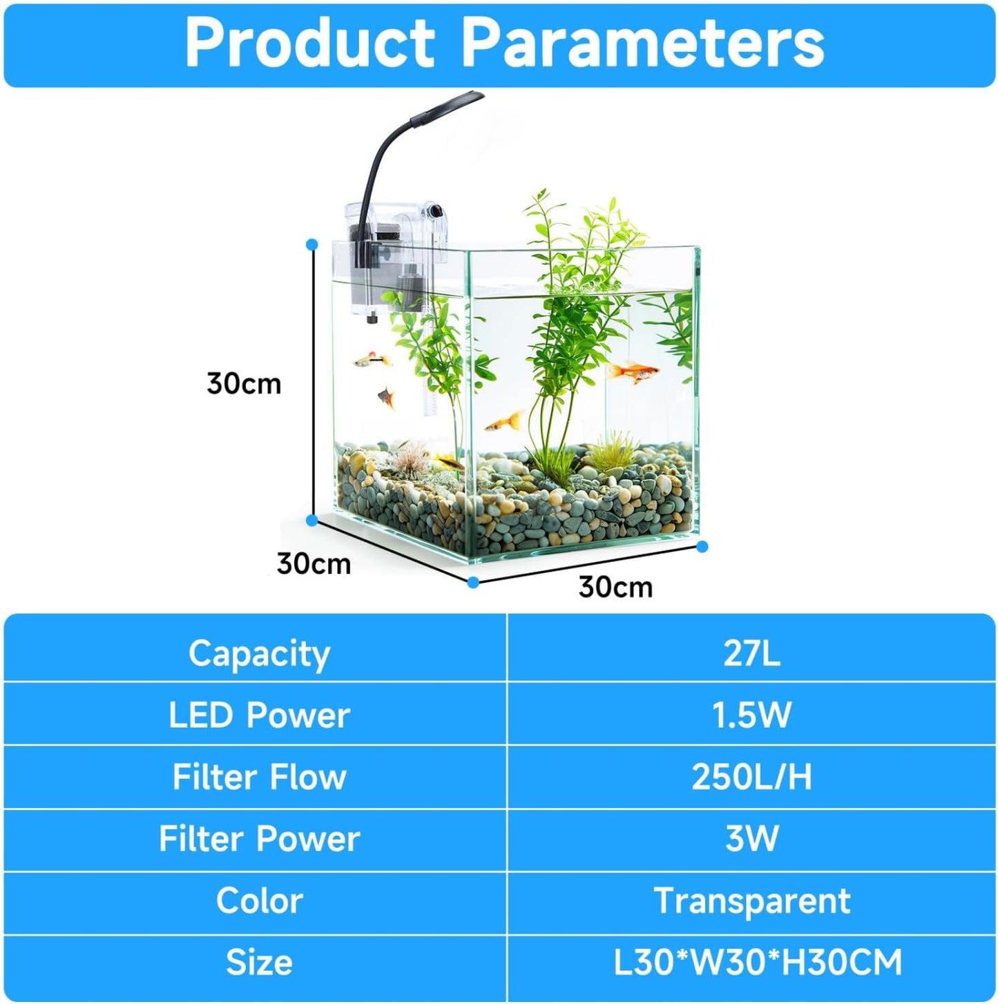Nobleza - 27L Mini Aquarium Komplettset, Nano Aquarium Stabiles Einsteigerbecken Mit Led-Beleuchtung Und Eingebautem Filtersystem