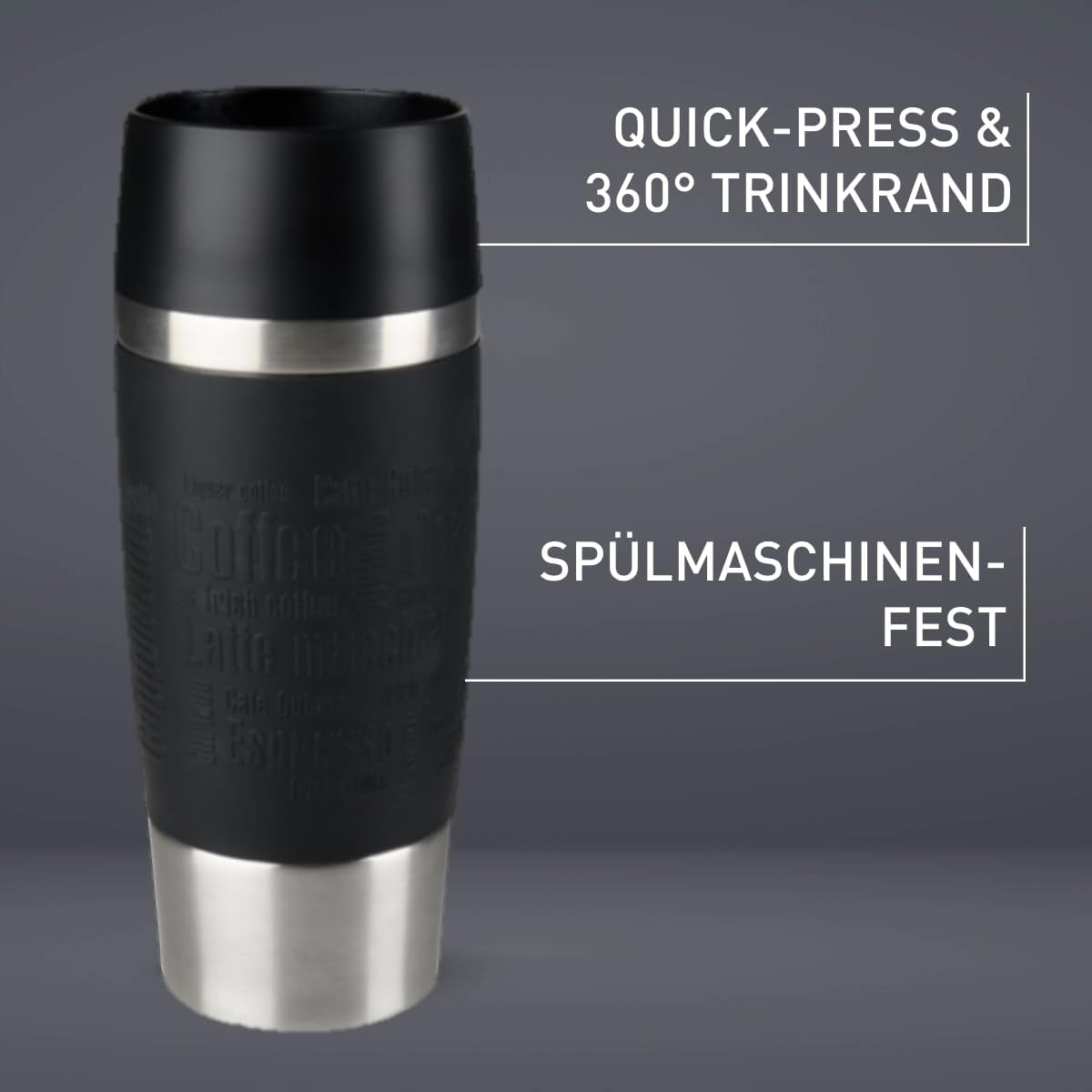 Emsa Travel Mug Classic Thermobecher, 360 Ml, Isolierbecher Hält 4H Heiß, 8H Kalt, 100 Prozent Dicht, Auslaufsicher, Quick-Press-Verschluss, 360 Grad-Trinköffnung, Kaffeebecher to Go, Schwarz, 513361