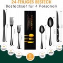 TAN REN Besteck Set Schwarz 4 Personen, 24-Teiliges Edelstahl Besteckset Mit Steakmesser, Elegantes Essbesteck Mit Messer Gabel Löffel, Tafelbesteck Für Küche/Restaurant