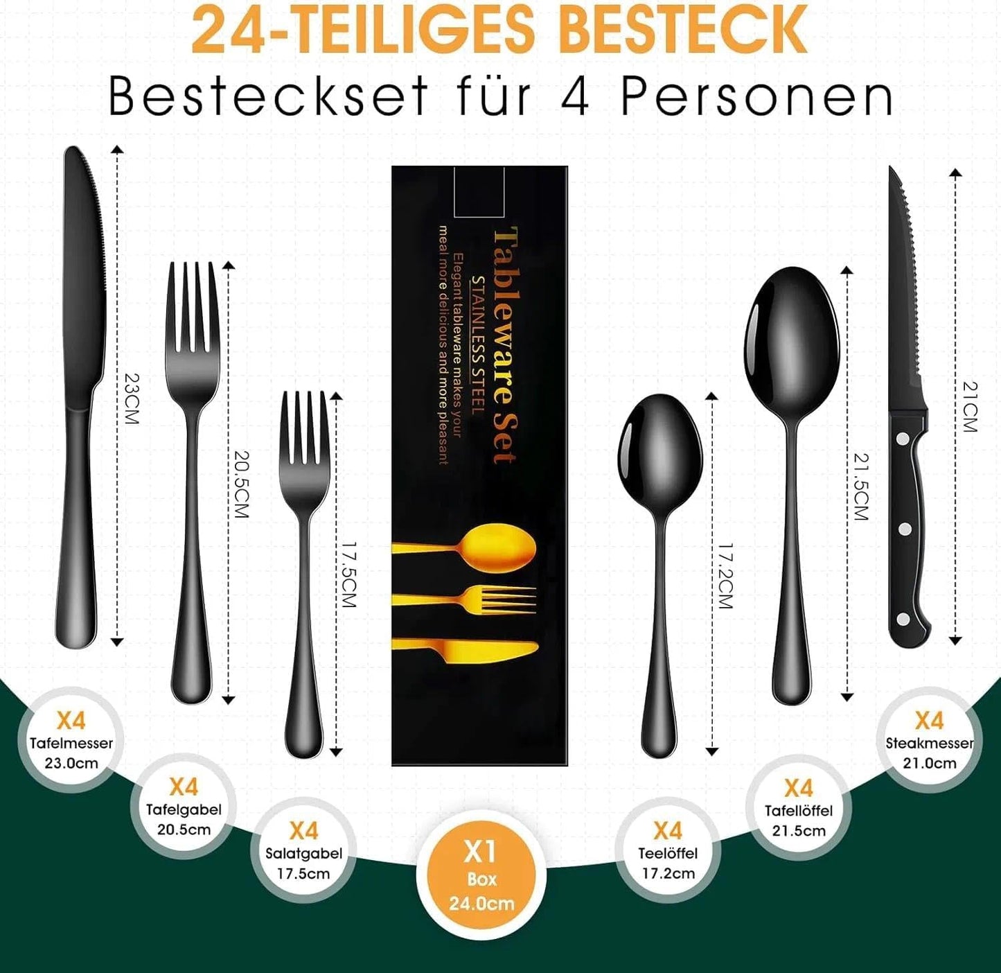 TAN REN Besteck Set Schwarz 4 Personen, 24-Teiliges Edelstahl Besteckset Mit Steakmesser, Elegantes Essbesteck Mit Messer Gabel Löffel, Tafelbesteck Für Küche/Restaurant