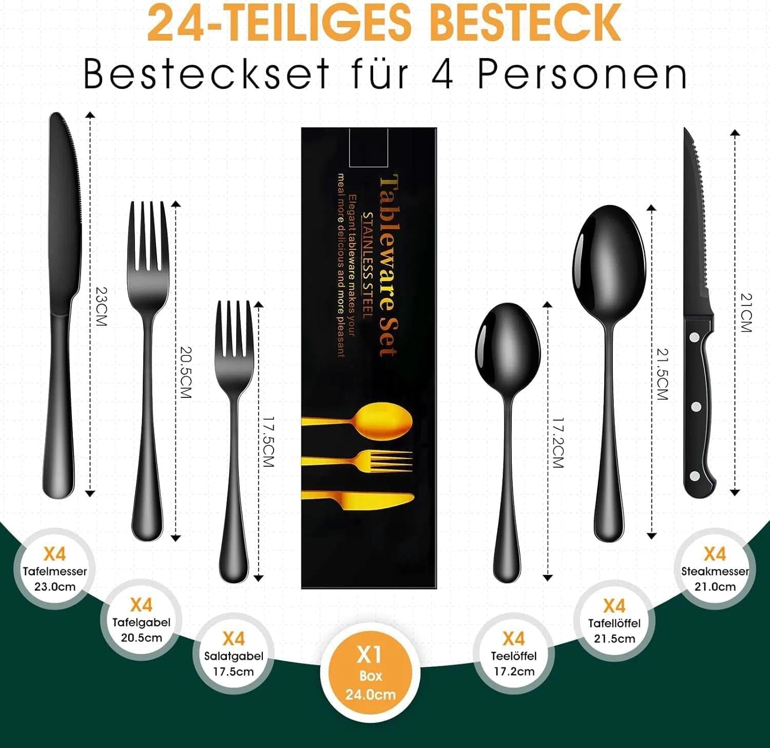 TAN REN Besteck Set Schwarz 4 Personen, 24-Teiliges Edelstahl Besteckset Mit Steakmesser, Elegantes Essbesteck Mit Messer Gabel Löffel, Tafelbesteck Für Küche/Restaurant