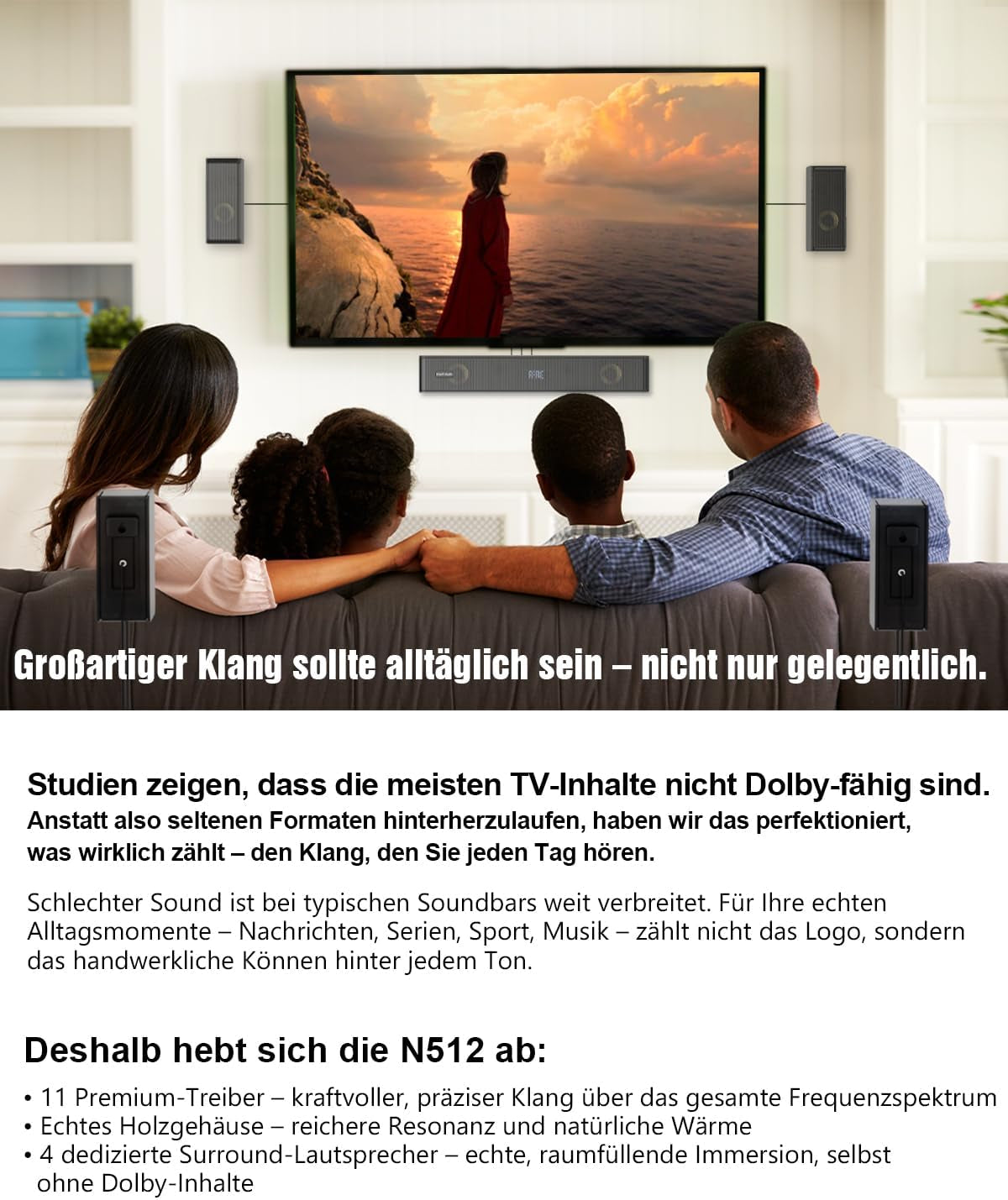 Hölzern 5.1.2CH Soundbar Für TV Geräte, 4 Surround-Lautsprecher, 400W Spitzenleistung, Heimkino Virtual Surround Soundsystem Sound Bar Mit 5.25'' Subwoofer, Arc/Optisch/Bt 5.3/AUX/USB, Hipulse N512