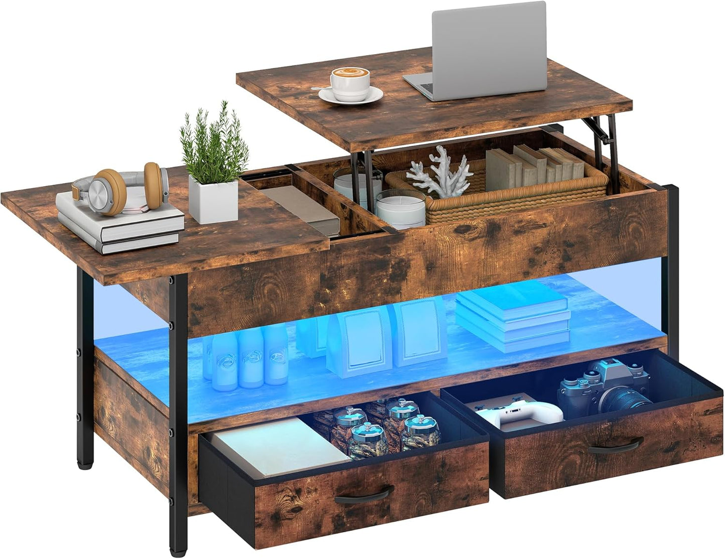YITAHOME Couchtisch Höhenverstellbar, Wohnzimmertisch Mit Verstecktem Ablagefach Für Für Wohnzimmer, Büro, Couchtisch Mit Stauraum Und 2 Schublade Und Led-Lichtleiste 106 X50X51,5Cm