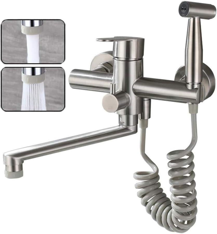 Wasserhahn Küche Wandarmatur Für Küche, Mit Spritzpistole Und 2 Wasserstrahlarten, Wasserhahn Wand Schwenkbarem 360°-Auslauf,Einfache Montage Küchenarmatur Wandmontage (Gebürstetes Nickel)