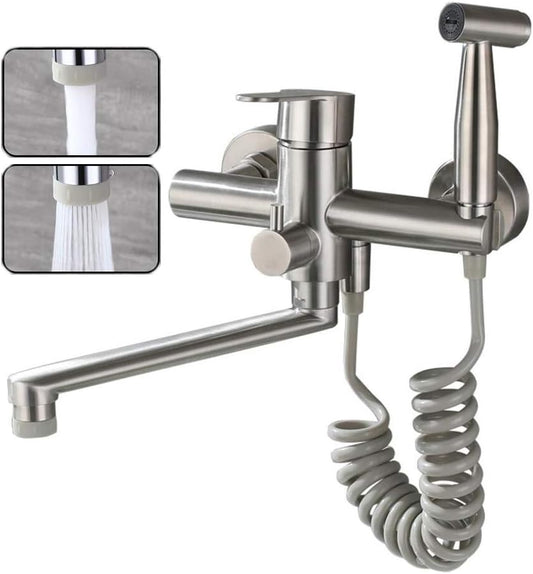 Wasserhahn Küche Wandarmatur Für Küche, Mit Spritzpistole Und 2 Wasserstrahlarten, Wasserhahn Wand Schwenkbarem 360°-Auslauf,Einfache Montage Küchenarmatur Wandmontage (Gebürstetes Nickel)