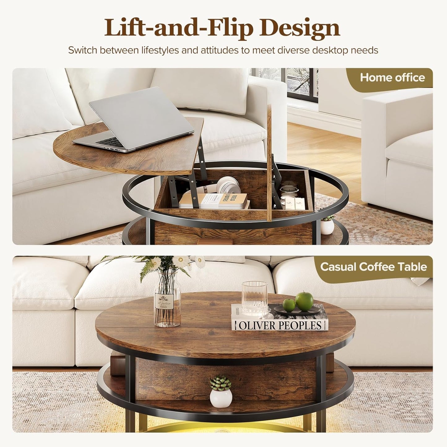 Dripex Couchtisch Rund, 81Cm Durchmesser, Höhenverstellbar Beistelltisch Mit Verstecktem Stauraum, Wohnzimmer Mit Hebeplatte,Couch Tisch,Kaffeetisch, Holz Wohnzimmertisch Für Wohnzimmer, Büro