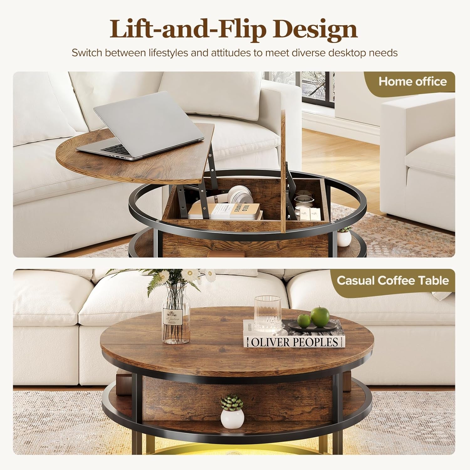 Dripex Couchtisch Rund, 81Cm Durchmesser, Höhenverstellbar Beistelltisch Mit Verstecktem Stauraum, Wohnzimmer Mit Hebeplatte,Couch Tisch,Kaffeetisch, Holz Wohnzimmertisch Für Wohnzimmer, Büro